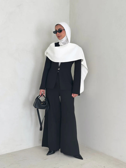 METAL BUTTON BLAZER W/ SCARF & PANTS 2PC SETS