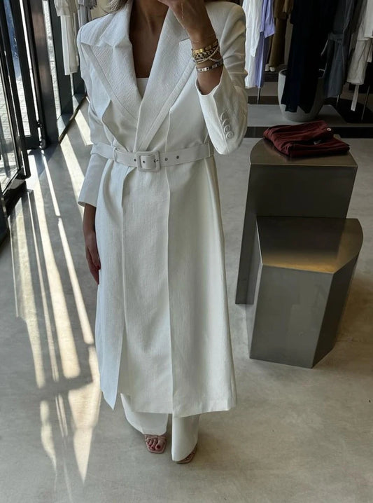SOLID NOTCHED COLLAR BELTED COAT PANTS 2PC SET