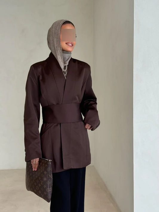 WOMEN'S FRONT OPEN BLAZER W/ WIDE BELT