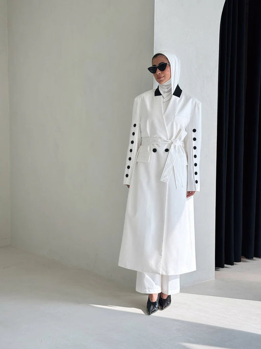 BUTTONED SLEEVE LONG BLAZER PANTS SET